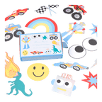 Colorful shaped sticker set with cars dinosaur rainbow and robot birthday theme from Parte Haus party supply store in Bethesda MD