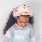 Pink and yellow floral headband on child birthday accessory from Parte Haus party supply store in Bethesda Maryland