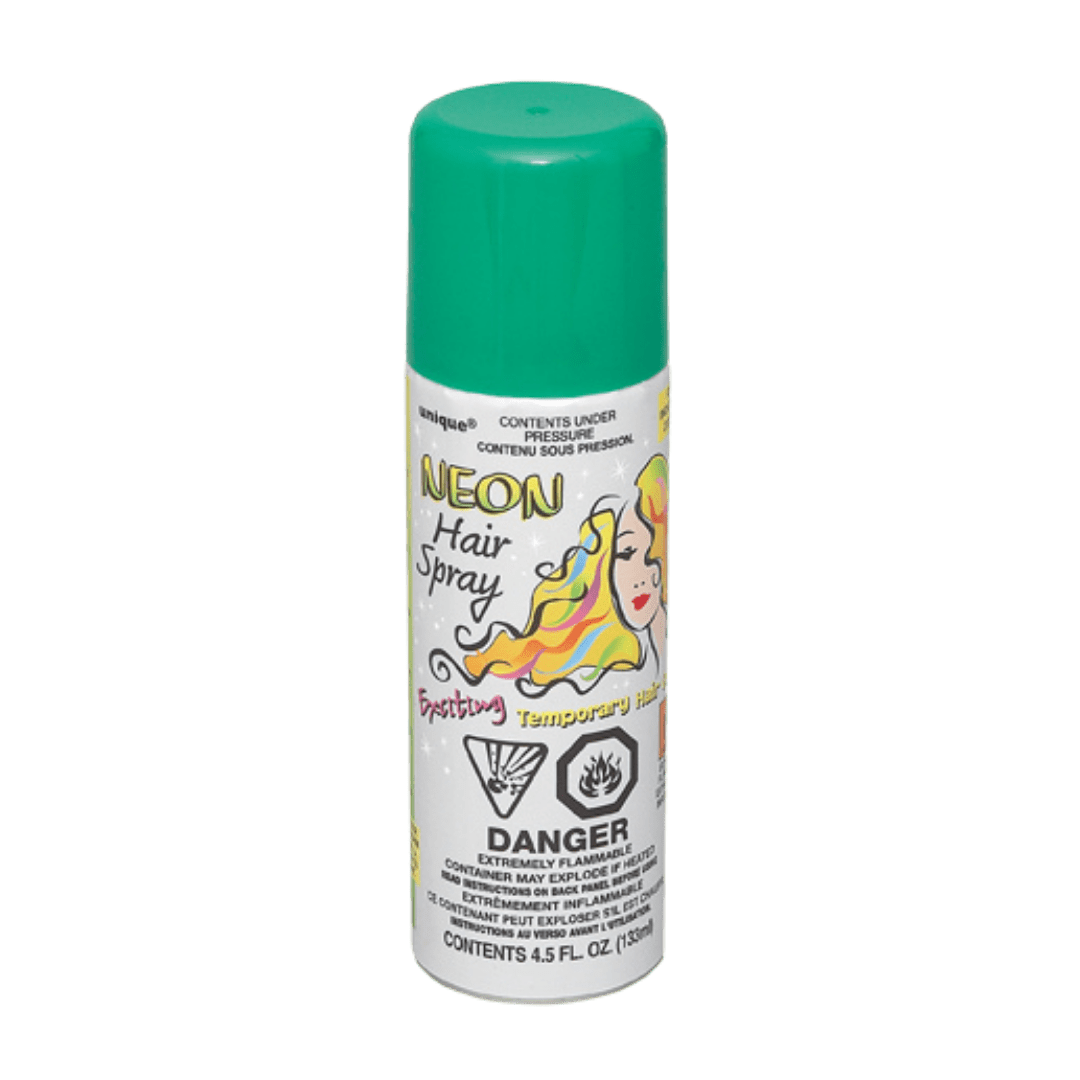 Green neon hair spray can with illustrated woman for celebration theme from Parte Haus party supply store in Bethesda MD