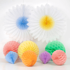 Pastel multicolor paper fan decorations with honeycomb balls for birthday from Parte Haus party supply store in Bethesda Maryland