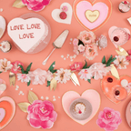 Pink heart shaped plates and floral decorations romantic theme from Parte Haus party supply store in Bethesda MD