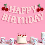 Pink cherry birthday banner and tableware birthday theme from Parte Haus party supply store in Bethesda Maryland