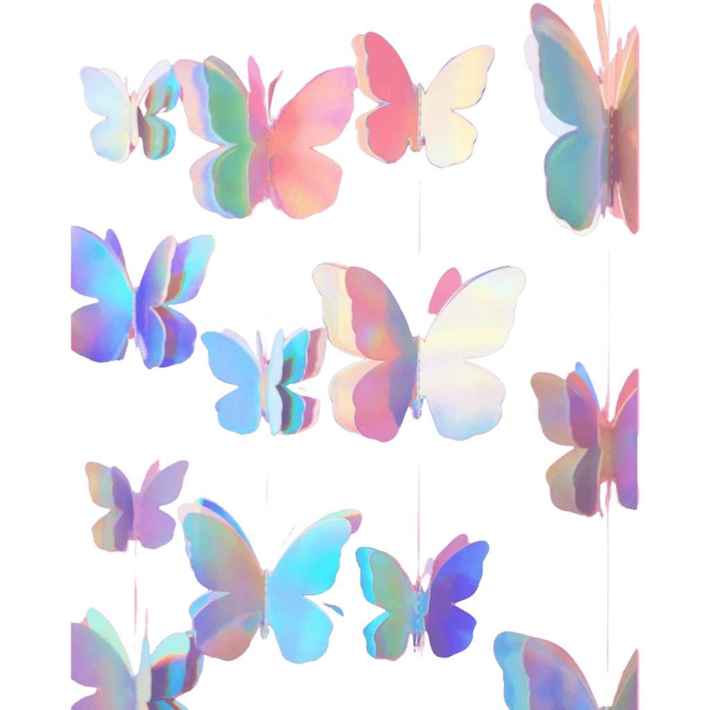 Iridescent butterfly garland with 3D butterflies spring decoration from Parte Haus party supply store in Bethesda MD.