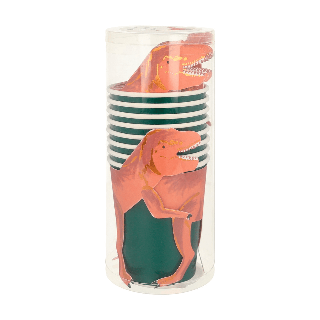 Green dinosaur cups with pink T rex design for kids birthday from Parte Haus party supply store in Bethesda Maryland