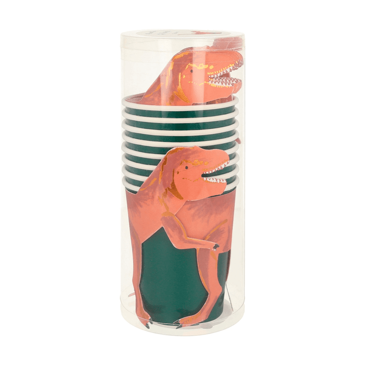 Green dinosaur cups with pink T rex design for kids birthday from Parte Haus party supply store in Bethesda Maryland