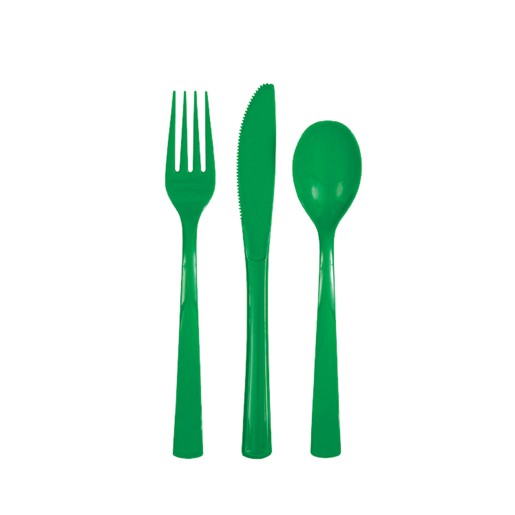Green plastic cutlery set with fork knife and spoon from Parte Haus party supply store in Bethesda Maryland