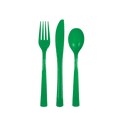 Green plastic cutlery set with fork knife and spoon from Parte Haus party supply store in Bethesda Maryland