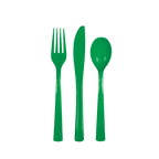 Green plastic cutlery set with fork knife and spoon from Parte Haus party supply store in Bethesda Maryland