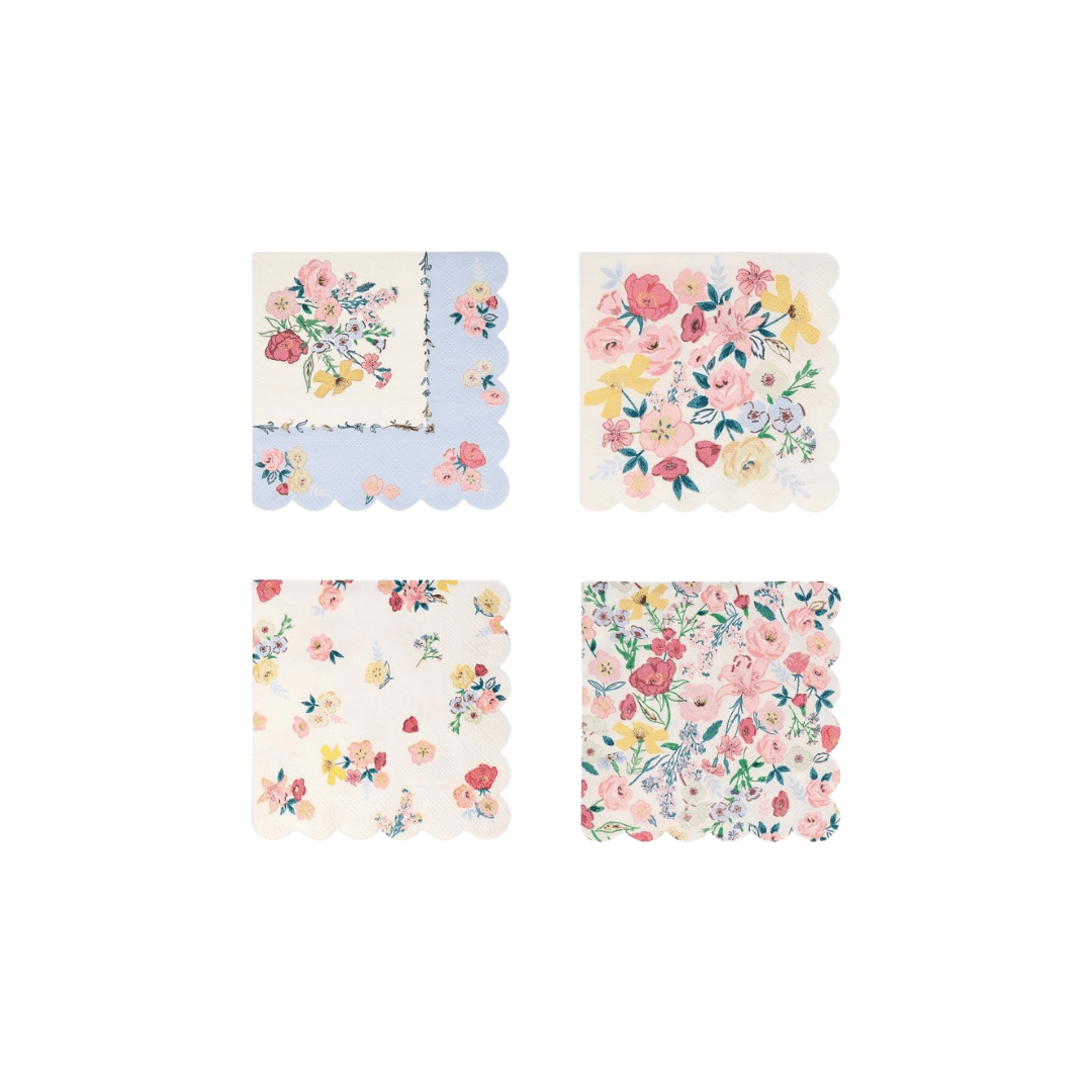 Multicolor floral paper napkins with scalloped edges spring theme from Parte Haus party supply store in Bethesda MD.