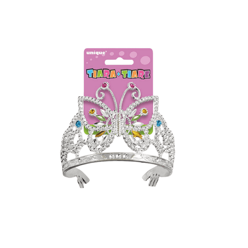 Silver butterfly tiara with colorful gems birthday theme from Parte Haus party supply store in Bethesda Maryland
