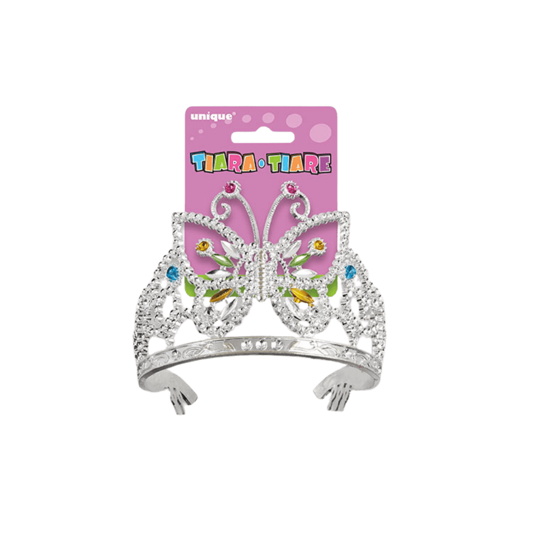 Silver butterfly tiara with colorful gems birthday theme from Parte Haus party supply store in Bethesda Maryland