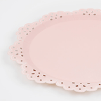 Pink scalloped paper plate with lace edge detail birthday theme from Parte Haus party supply store in Bethesda Maryland