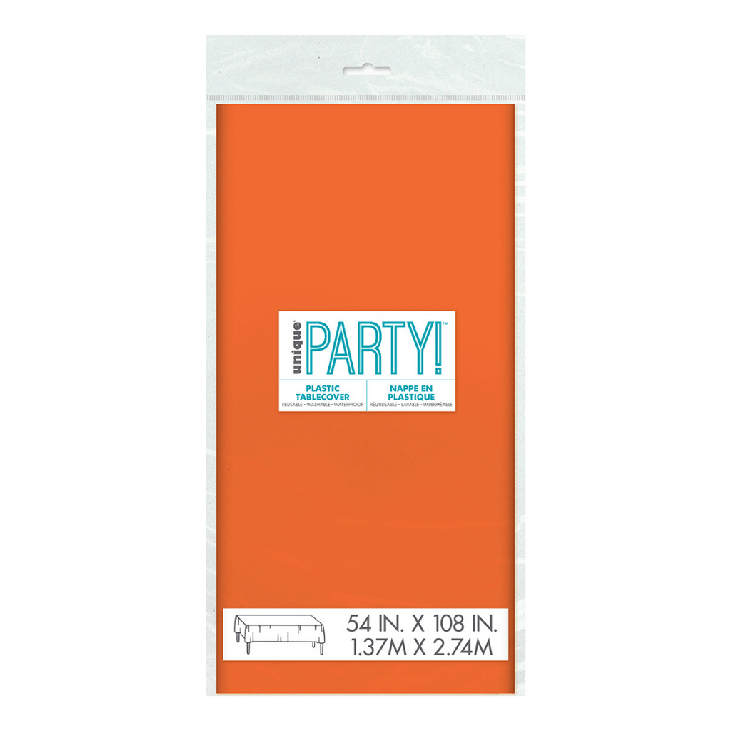 Orange plastic tablecover in packaging rectangle shape celebration from Parte Haus party supply store in Bethesda Maryland