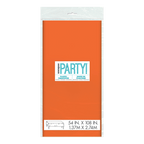 Orange plastic tablecover in packaging rectangle shape celebration from Parte Haus party supply store in Bethesda Maryland