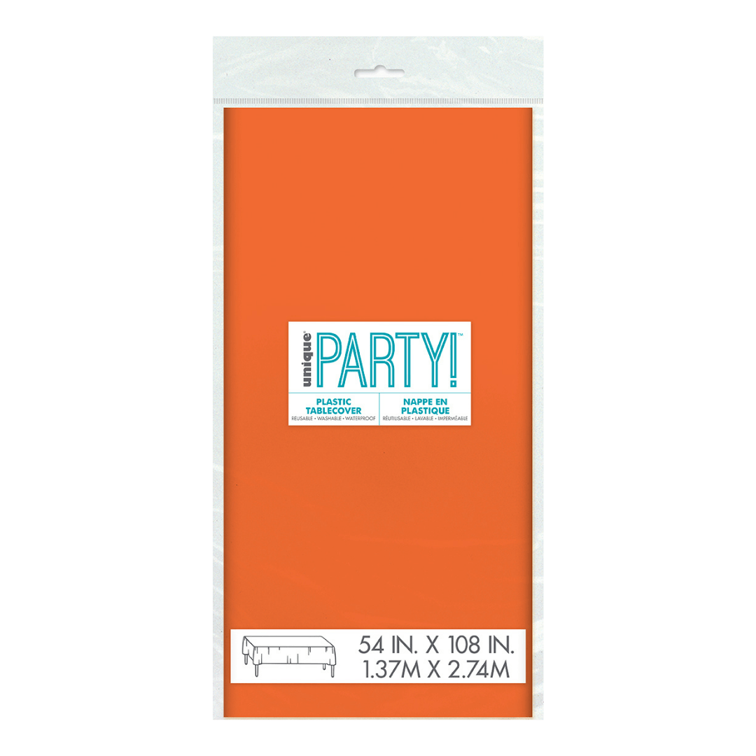 Orange plastic tablecover in packaging rectangle shape celebration from Parte Haus party supply store in Bethesda Maryland
