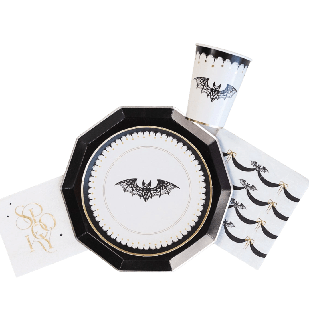 Black and white bat Halloween plate and cup set spooky theme from Parte Haus party supply store in Bethesda Maryland