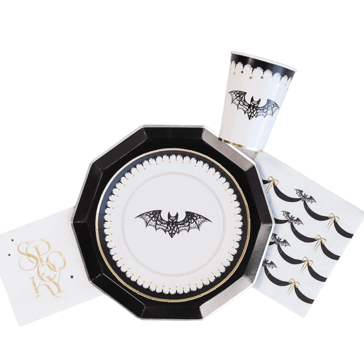 White & Black Elegant Halloween Lacy Bat Small Appetizer Dessert Plates
