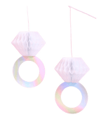 Iridescent diamond ring hanging decoration bachelorette bridal shower from Parte Haus party supply store in Bethesda Maryland.