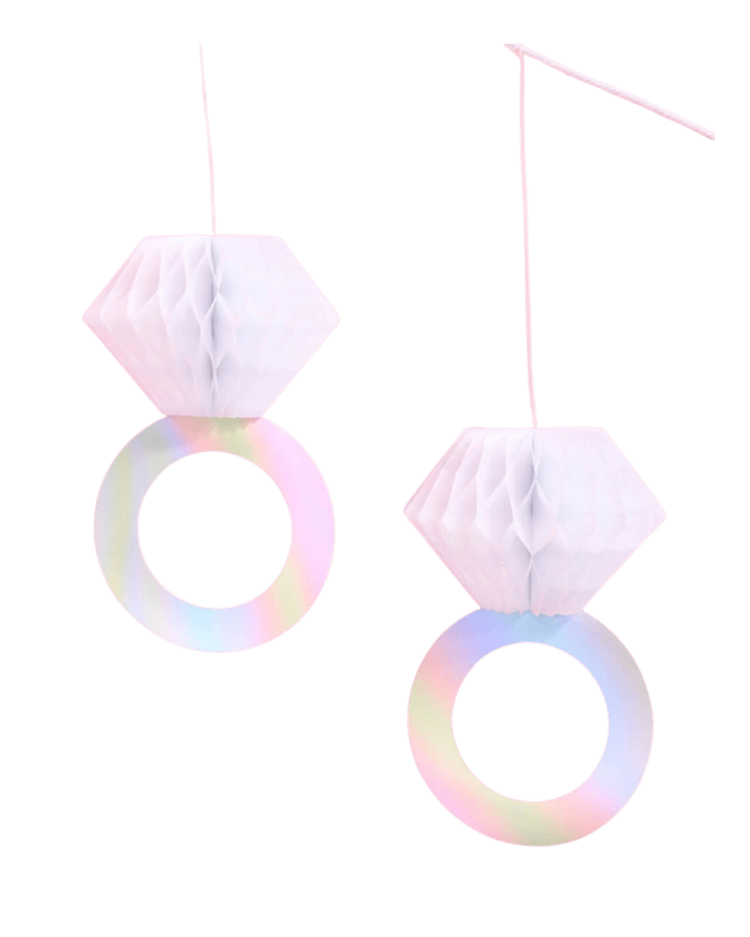 Iridescent diamond ring hanging decoration bachelorette bridal shower from Parte Haus party supply store in Bethesda Maryland.