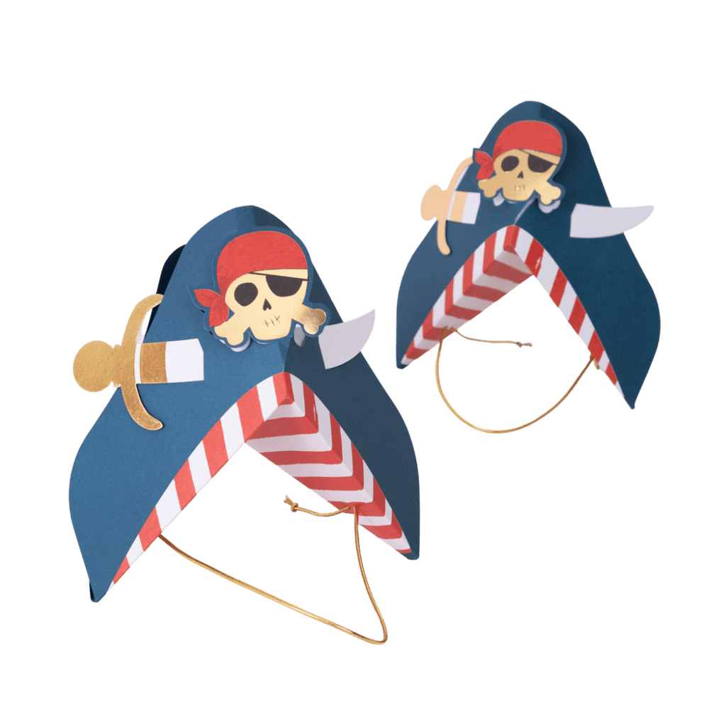 Navy blue pirate hat with red and white stripes and skull design kids birthday theme from Parte Haus party supply store in Bethesda MD