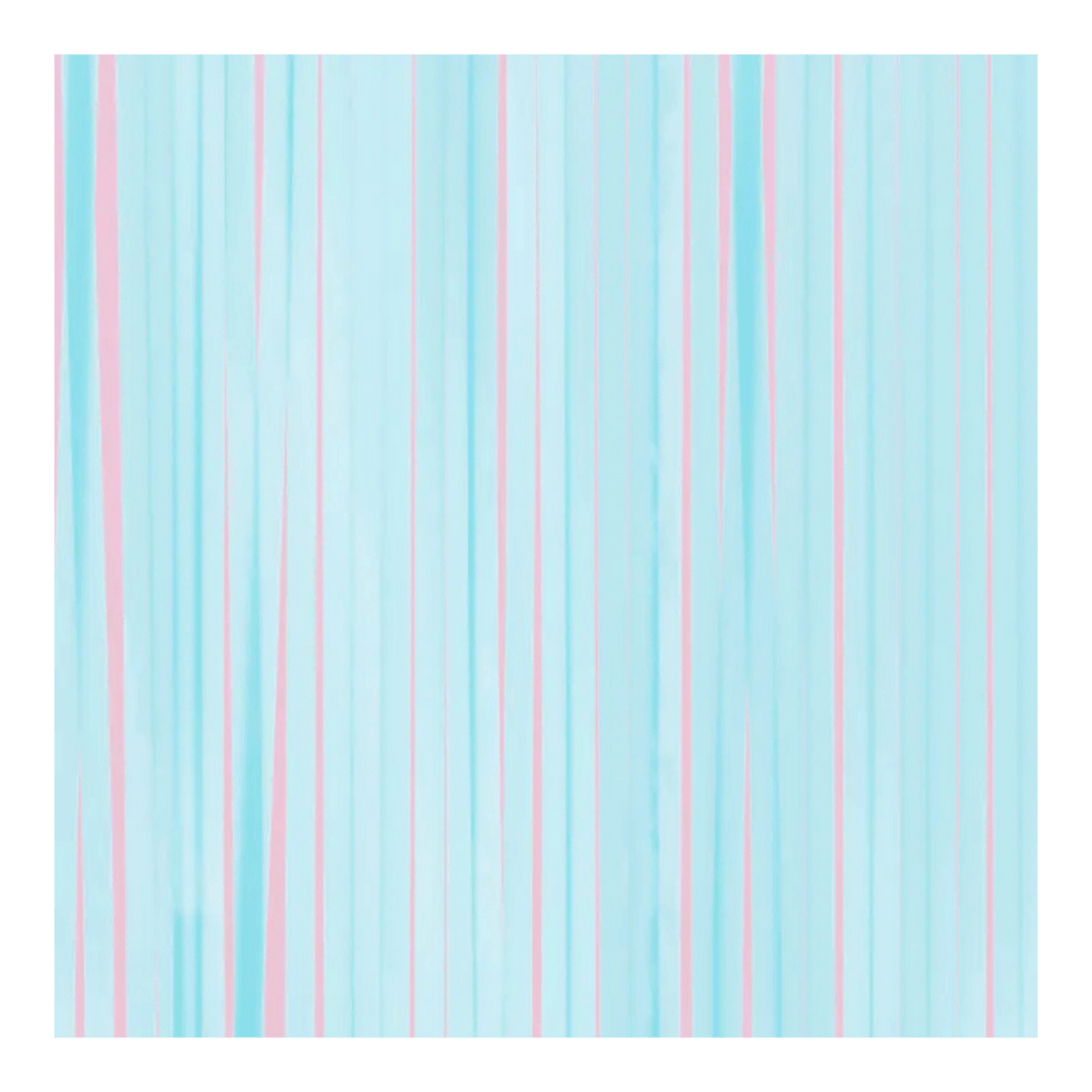 Blue and pink foil fringe curtain shimmering backdrop for birthday or baby shower from Parte Haus party supply store in Bethesda Maryland