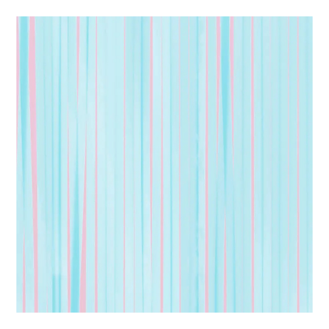 Blue and pink foil fringe curtain shimmering backdrop for birthday or baby shower from Parte Haus party supply store in Bethesda Maryland