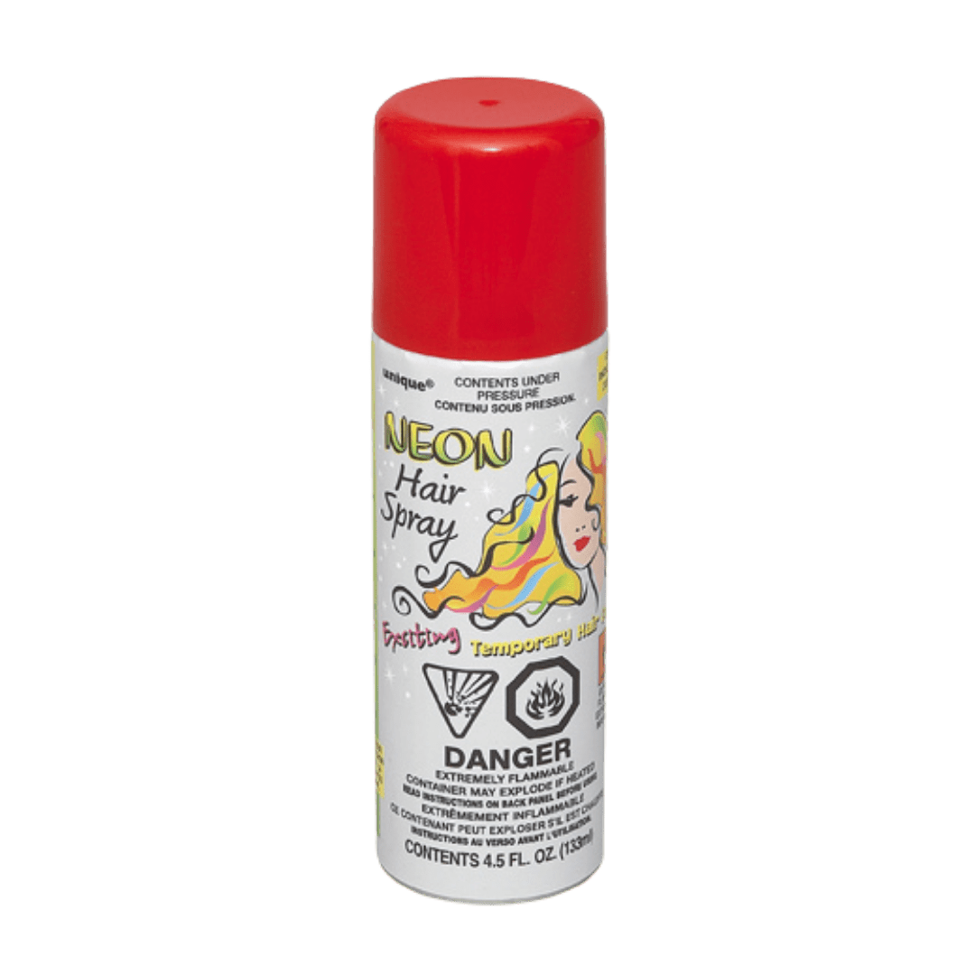 Red neon hair spray can with colorful hair illustration celebration theme from Parte Haus party supply store in Bethesda Maryland