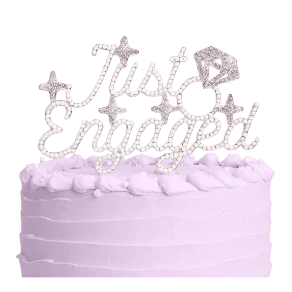 Silver Just Engaged cake topper with diamond ring design for engagement from Parte Haus party supply store in Bethesda MD.
