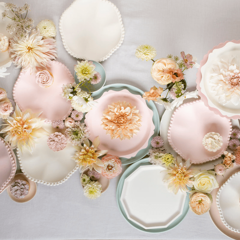 Pastel floral plates with scalloped edges spring theme from Parte Haus party supply store in Bethesda Maryland
