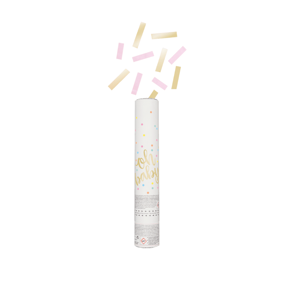 Pastel color confetti cannon with oh baby design for baby shower from Parte Haus party supply store in Bethesda MD.