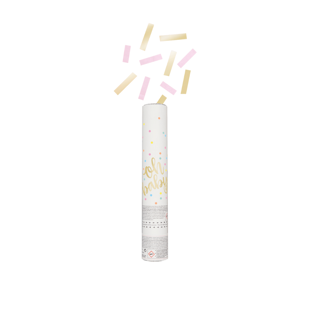 Pastel color confetti cannon with oh baby design for baby shower from Parte Haus party supply store in Bethesda MD.