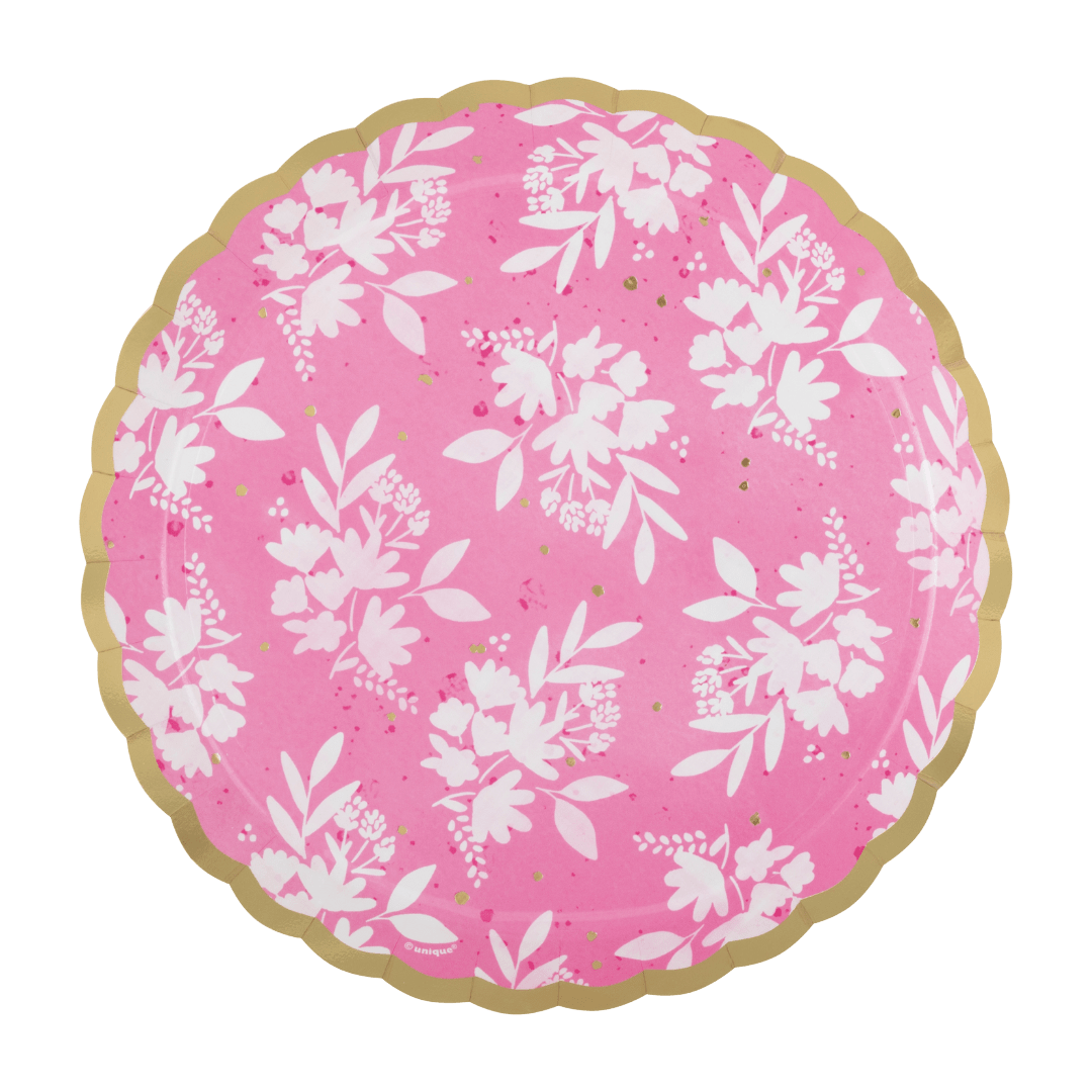 Pink floral paper plate with gold scalloped edge spring theme from Parte Haus party supply store in Bethesda Maryland