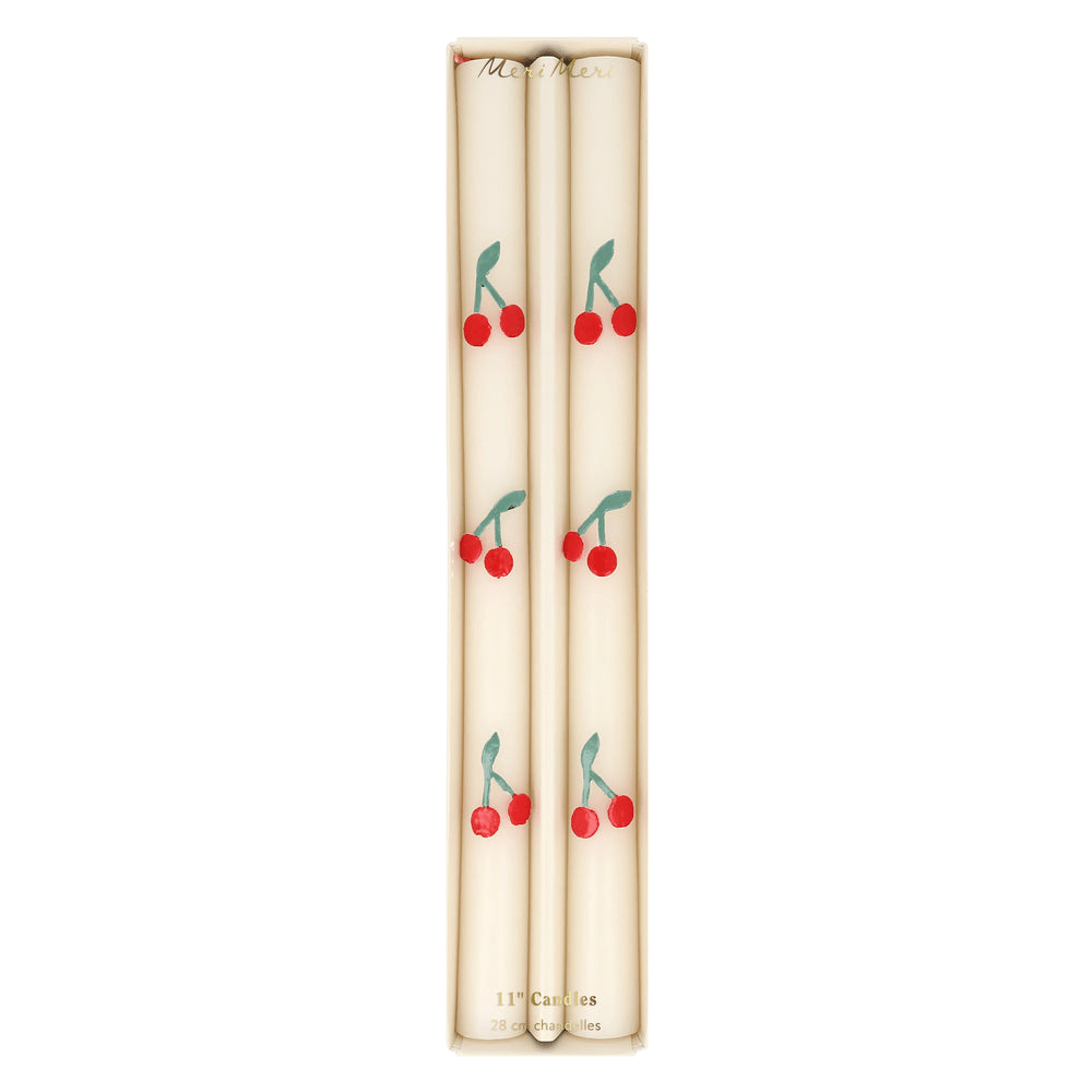 White cherry print taper candles cherry themed decor from Parte Haus party supply store in Bethesda MD