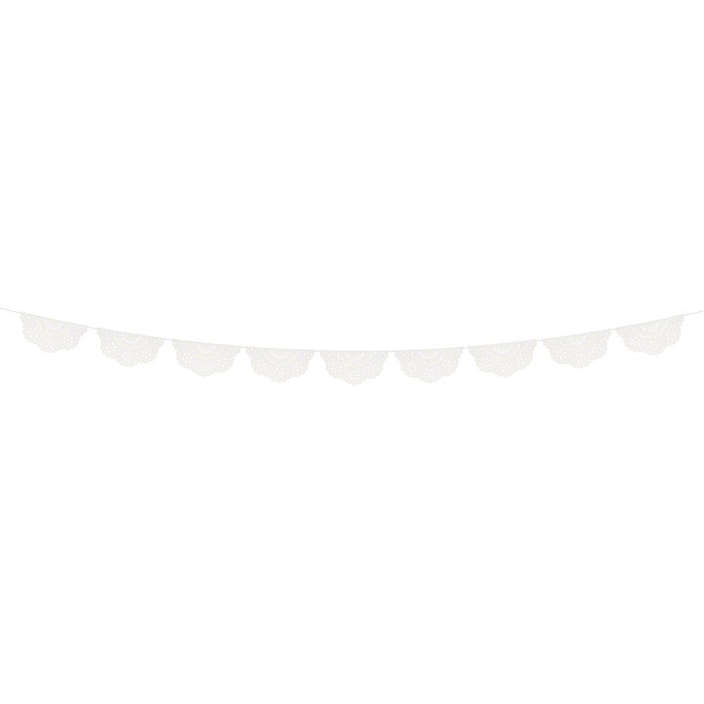 White lace banner garland with scalloped edges for celebrations from Parte Haus party supply store in Bethesda Maryland