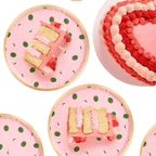 Pink and gold dessert plates with martini print and slices of pink cake celebration theme from Parte Haus party supply store in Bethesda Maryland