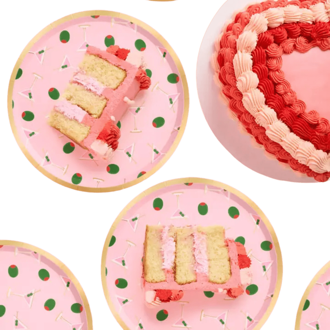 Pink and gold dessert plates with martini print and slices of pink cake celebration theme from Parte Haus party supply store in Bethesda Maryland