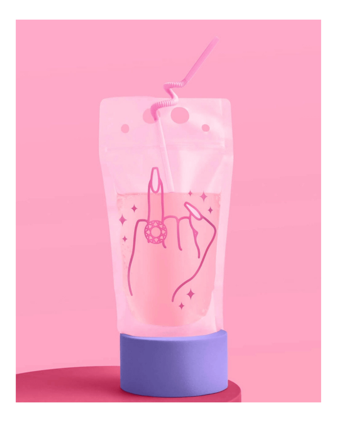 Pink custom drink pouch with hand and ring art for bachelorette theme from Parte Haus party supply store in Bethesda Maryland