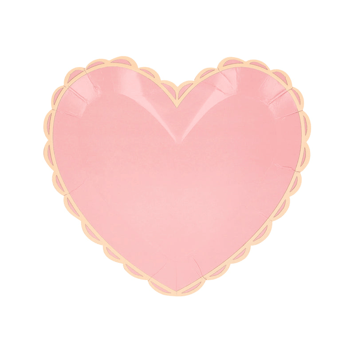 Pink heart shaped paper plate with scalloped edge for romantic celebration from Parte Haus party supply store in Bethesda MD