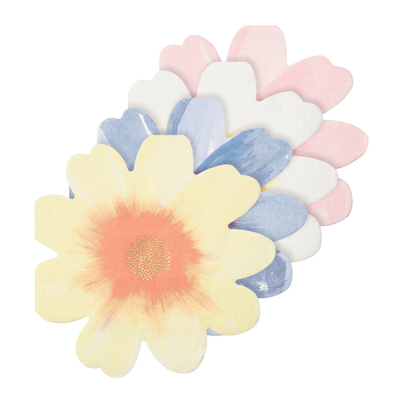 Yellow blue pink flower shaped paper napkins pastel spring theme from Parte Haus party supply store in Bethesda MD