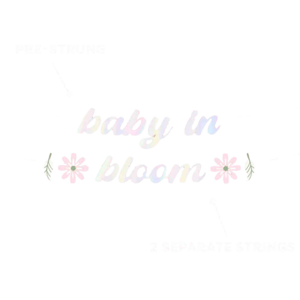 Iridescent baby in bloom banner with pink flowers for baby shower from Parte Haus party supply store in Bethesda MD.