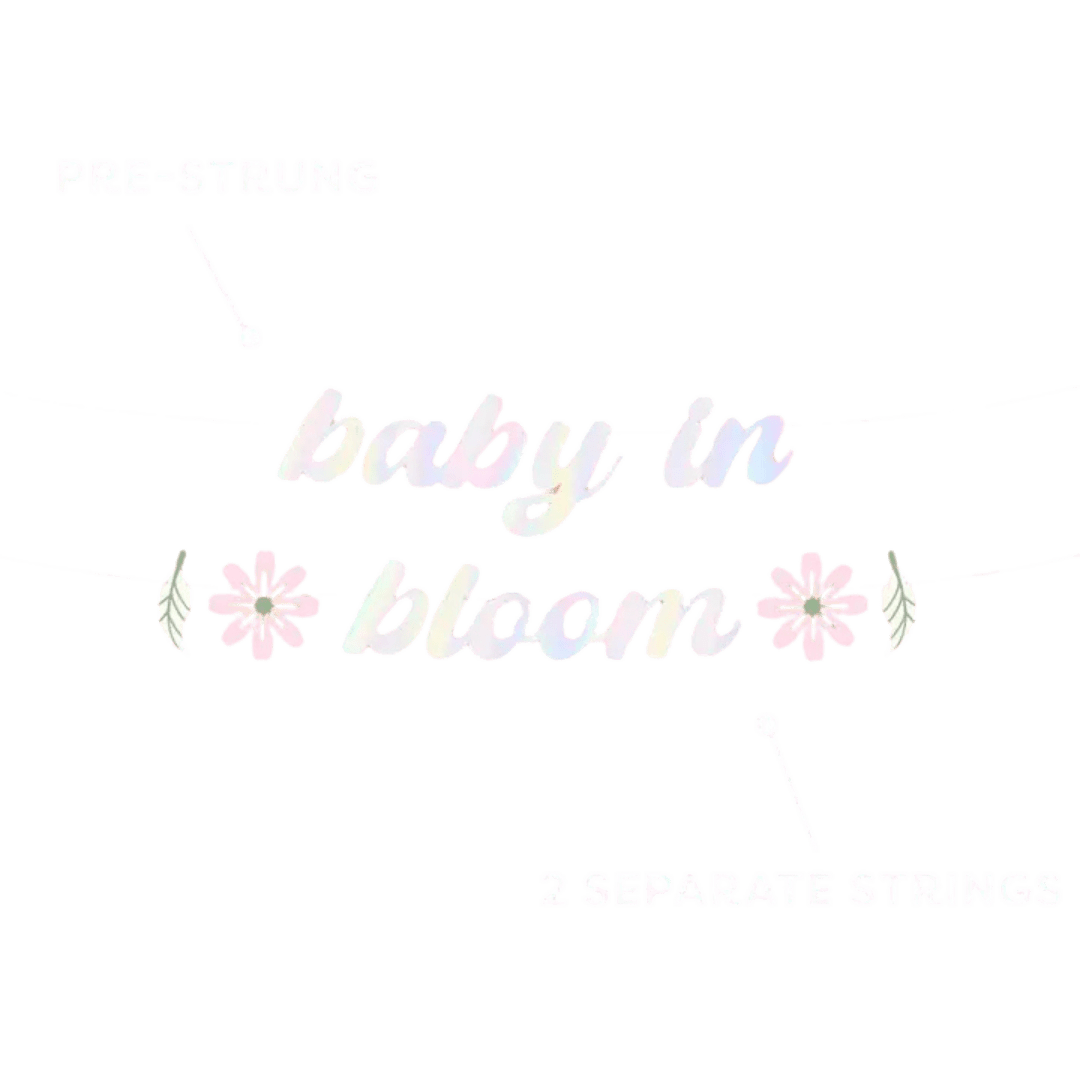 Iridescent baby in bloom banner with pink flowers for baby shower from Parte Haus party supply store in Bethesda MD.