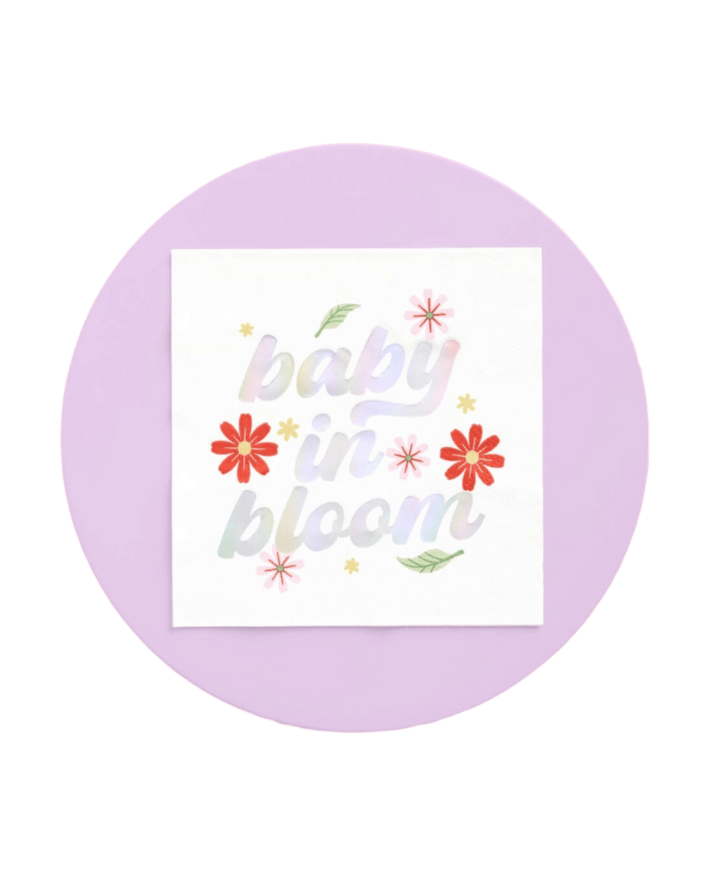 Pastel baby shower napkin with baby in bloom and flowers from Parte Haus party supply store in Bethesda MD