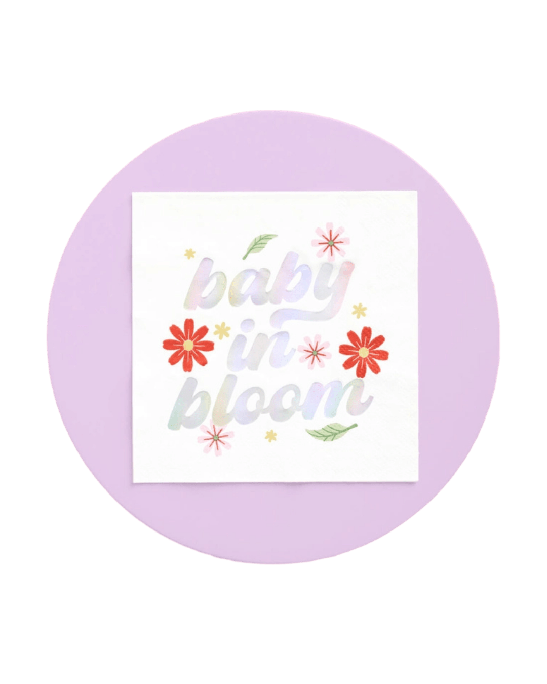 Pastel baby shower napkin with baby in bloom and flowers from Parte Haus party supply store in Bethesda MD