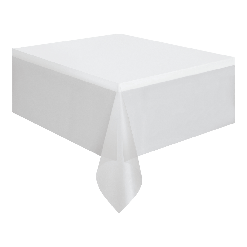 White table cover with smooth plastic finish classic design for any event from Parte Haus party supply store in Bethesda MD.