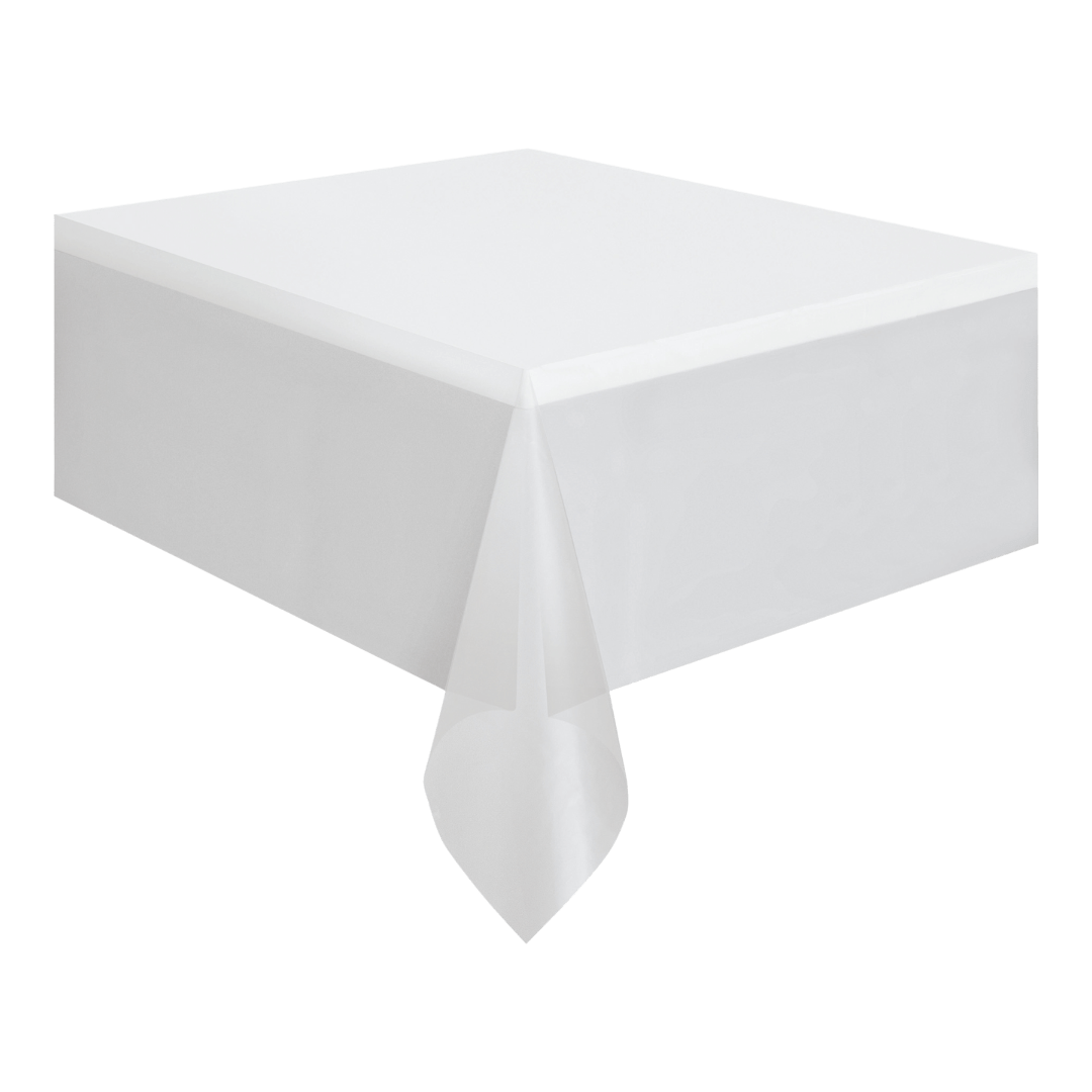 White table cover with smooth plastic finish classic design for any event from Parte Haus party supply store in Bethesda MD.