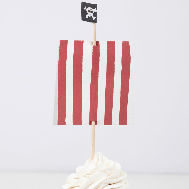 Red and white striped pirate cupcake topper with skull flag for kids birthday from Parte Haus party supply store in Bethesda MD