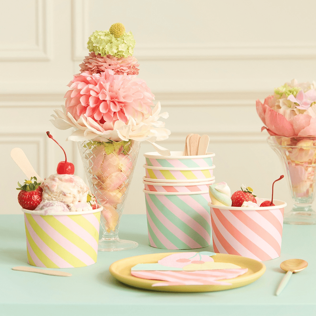 Pastel stripe ice cream cups with strawberries and flowers birthday theme from Parte Haus party supply store in Bethesda MD