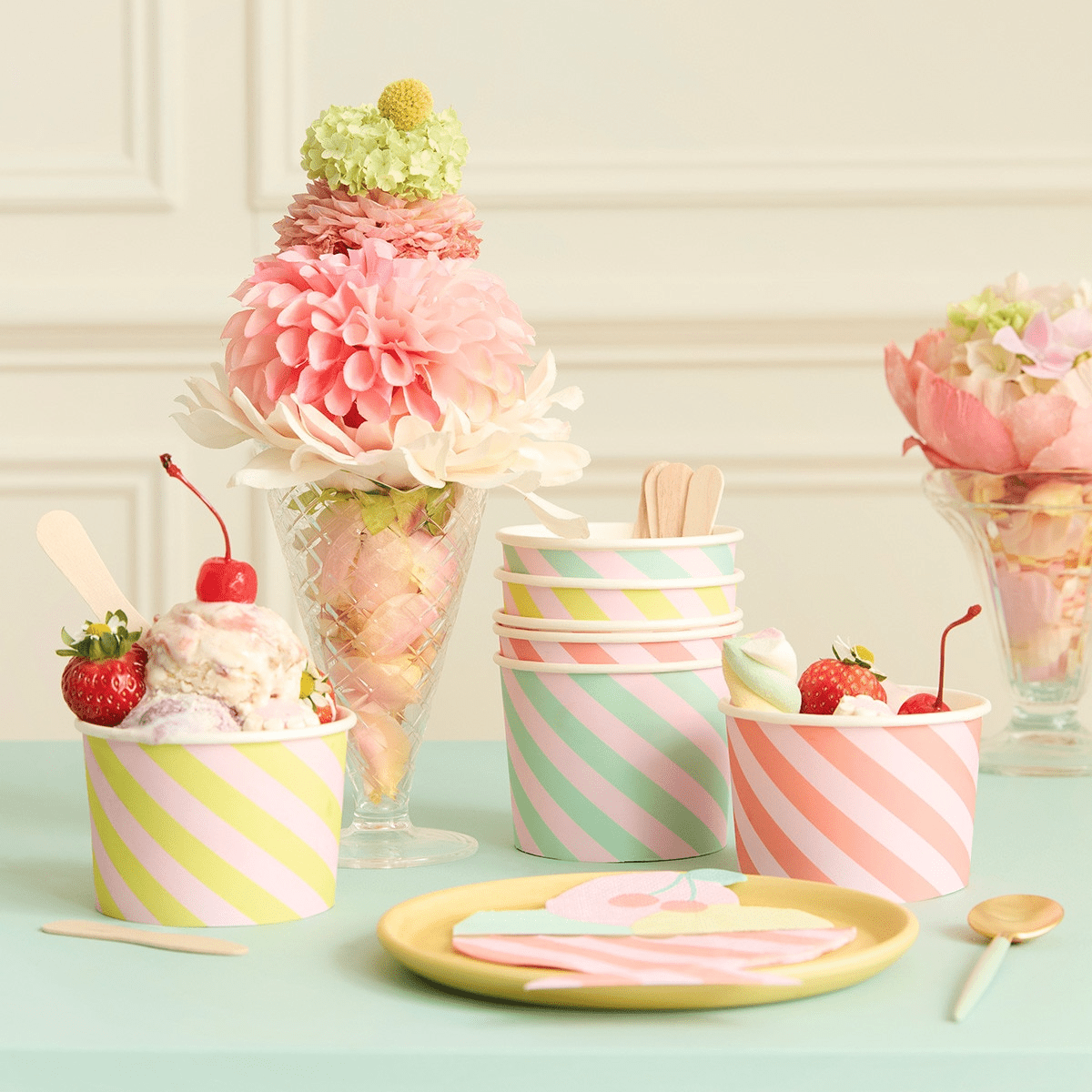 Pastel stripe ice cream cups with strawberries and flowers birthday theme from Parte Haus party supply store in Bethesda MD