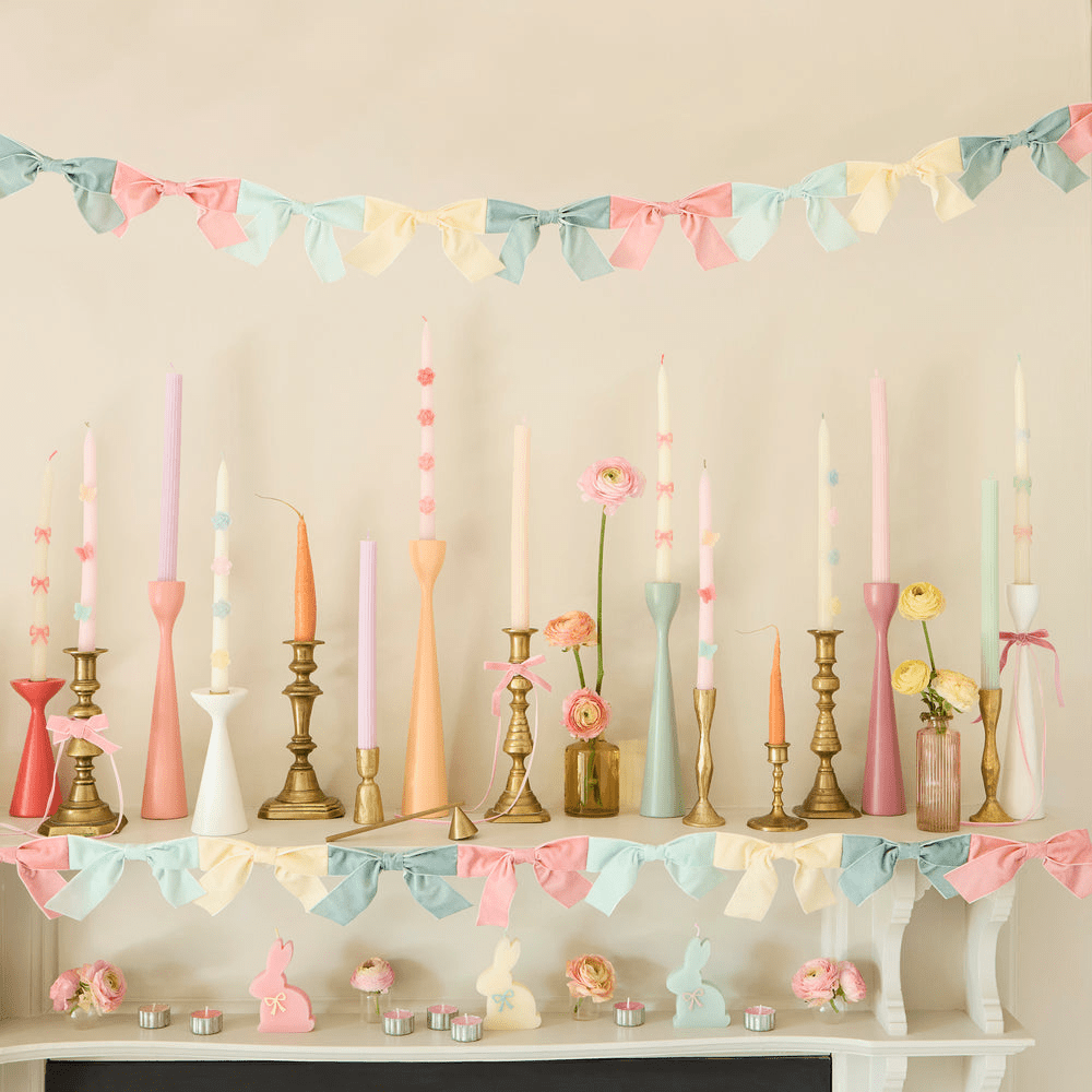 Pastel color candle garland display for spring theme from Parte Haus party supply store in Bethesda, Maryland