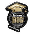 Black and gold graduation cap shaped plate with Dream Big text graduation theme from Parte Haus party supply store in Bethesda MD